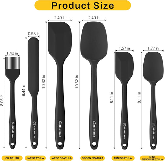 NileHome 6 Pieces Silicone Spatula Set with Silicone Brush,Mixing-Black