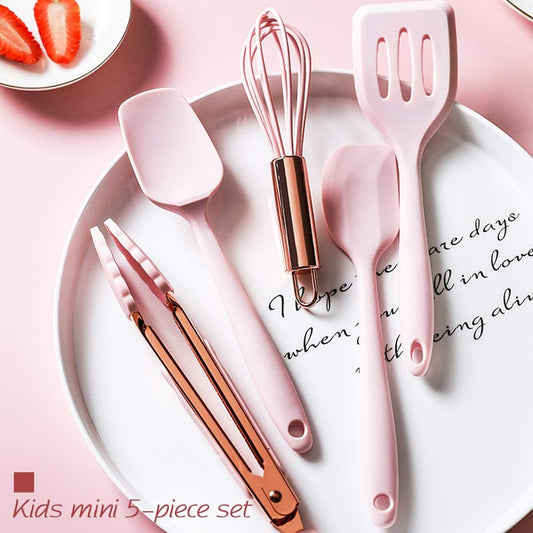 Collfa Rose Gold And Pink Kitchen Utensil Small Five-Piece Set Mini Silicone Kids Kitchen Tools Whisk Spatula Tongs Spoon And Slotted Spatula(Kids Baking Supplies)
