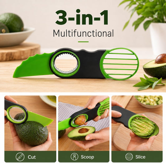Avocado Slicer, Avocado Tool 3-In-1 & Avocado Masher Stainless Steel, Dishwasher Safe, Quickly Slices and Masher, Food-Grade Safe, for Avocado Cutting and Peeling