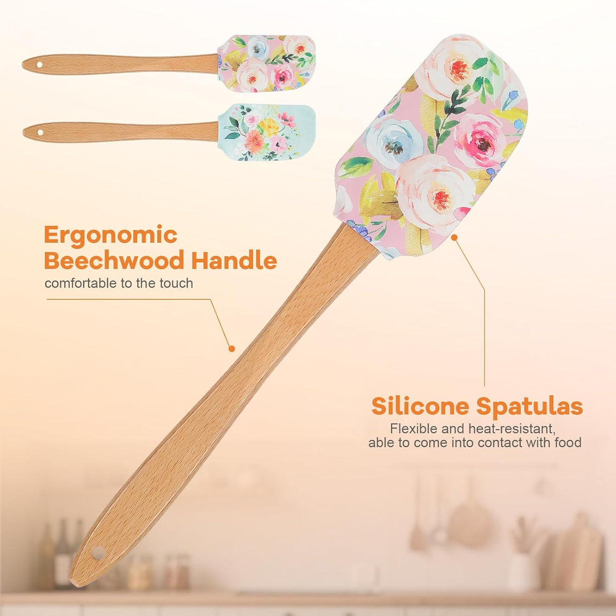 MAGICLULU 2Pcs Floral Silicone Spatula Set with Wooden Handle, Heat Resistant Rubber Scraper for Baking Cake Mixing, Non-Stick Kitchen Utensils for Cooking, Flower Pattern 11.8 Inch