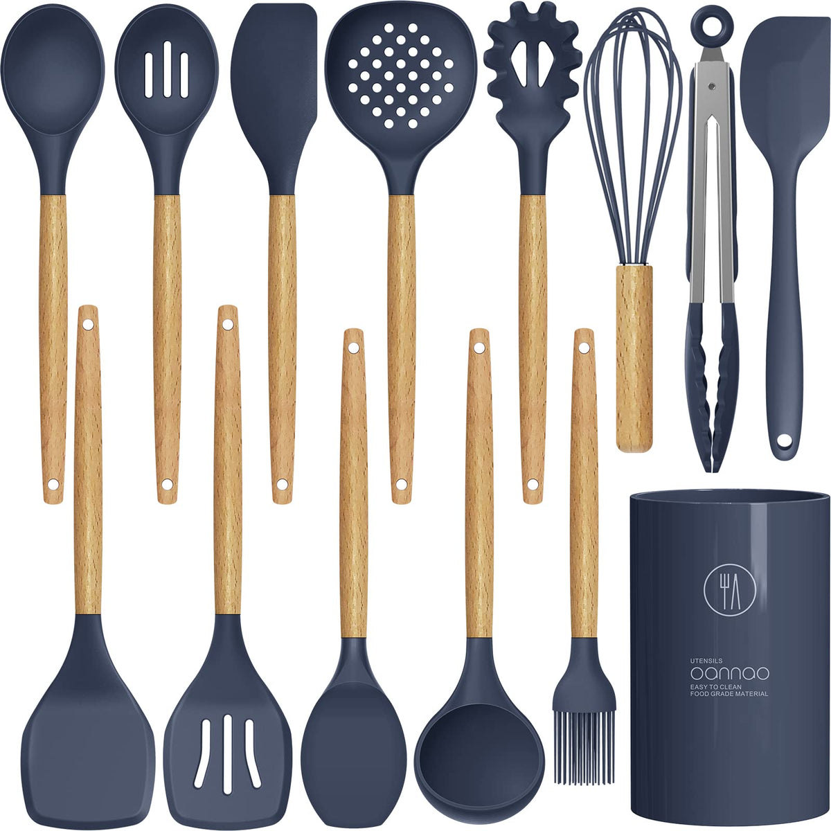 oannao Silicone Cooking Utensils Set - 446°F Heat Resistant Silicone Kitchen Utensils for Cooking,Kitchen Utensil Spatula Set w Wooden Handles, BPA FREE Gadgets for Non-Stick Cookware (Khaki)