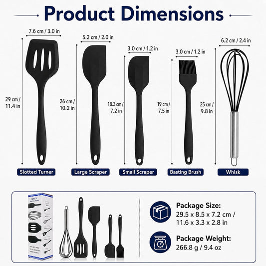 Silicone Spatula Kitchen Utensils Set Heat Resistant Mini 5 Pcs, Black