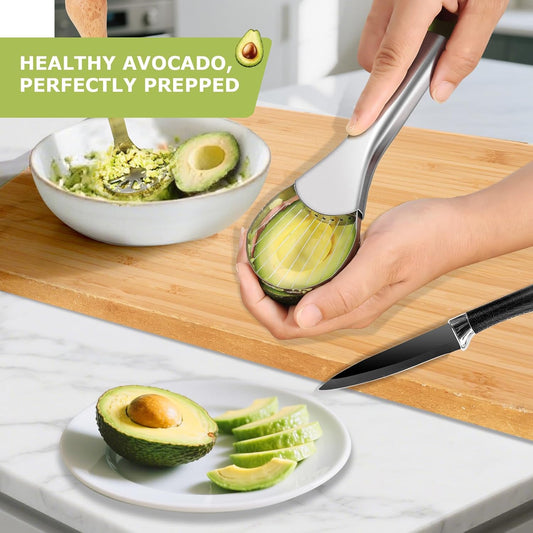 3-in-1 Avocado Slicer Tool Set – Stainless Steel Avocado Cutter, Masher & Peeler, Multi-Function Kitchen Gadget for Guacamole, Salads & Food