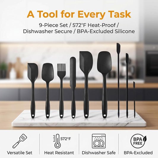 Silicone Spatula Set 9Pcs, Heat Resistant 572°F, Food-Grade Silicone, BPA-Free for Baking, Cooking & Mixing, Non-Stick, Dishwasher Safe, Rubber Spatulas & Baking Spatula Set, Black