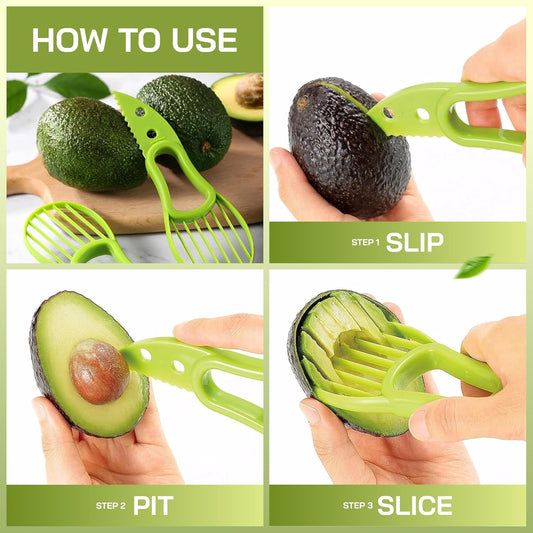 3 in One Avocado Slicer with Food Grade BPA Free Plastic and Stainless-Steel Pitter - Multipurpose Ergonomic Kitchen Gadget for Hassle-Free Preparation - Dishwasher Safe - Pack of 2
