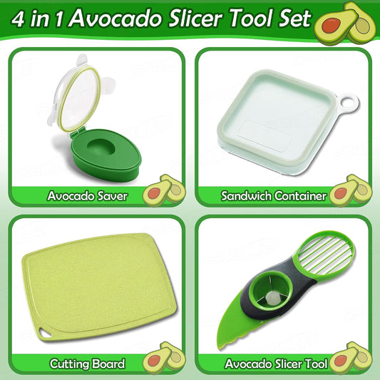 SABLUE Avocado 4-Piece Set: Multi-Function Slicer Tool, Saver, Wheat Straw Cutting Board & Sandwich Container, Dishwasher Safe, BPA-Free Storage for Slicing, Pitting, Fresh Keeping Meal Prep S0059