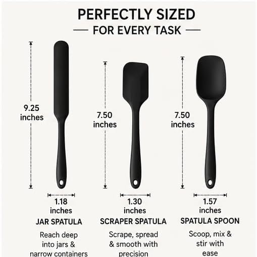 Mini Silicone Spatula Set, 3-Piece Heat Resistant Kitchen Scraper Tools for Jars, Baking, Mixing & Cooking, Flexible Nonstick Silicone, Black