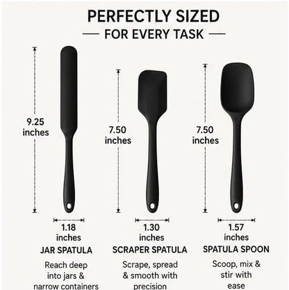 Mini Silicone Spatula Set, 3-Piece Heat Resistant Kitchen Scraper Tools for Jars, Baking, Mixing & Cooking, Flexible Nonstick Silicone, Black