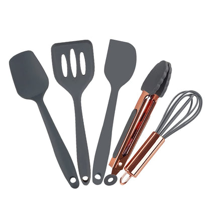 Collfa Rose Gold And Pink Kitchen Utensil Small Five-Piece Set Mini Silicone Kids Kitchen Tools Whisk Spatula Tongs Spoon And Slotted Spatula(Kids Baking Supplies)