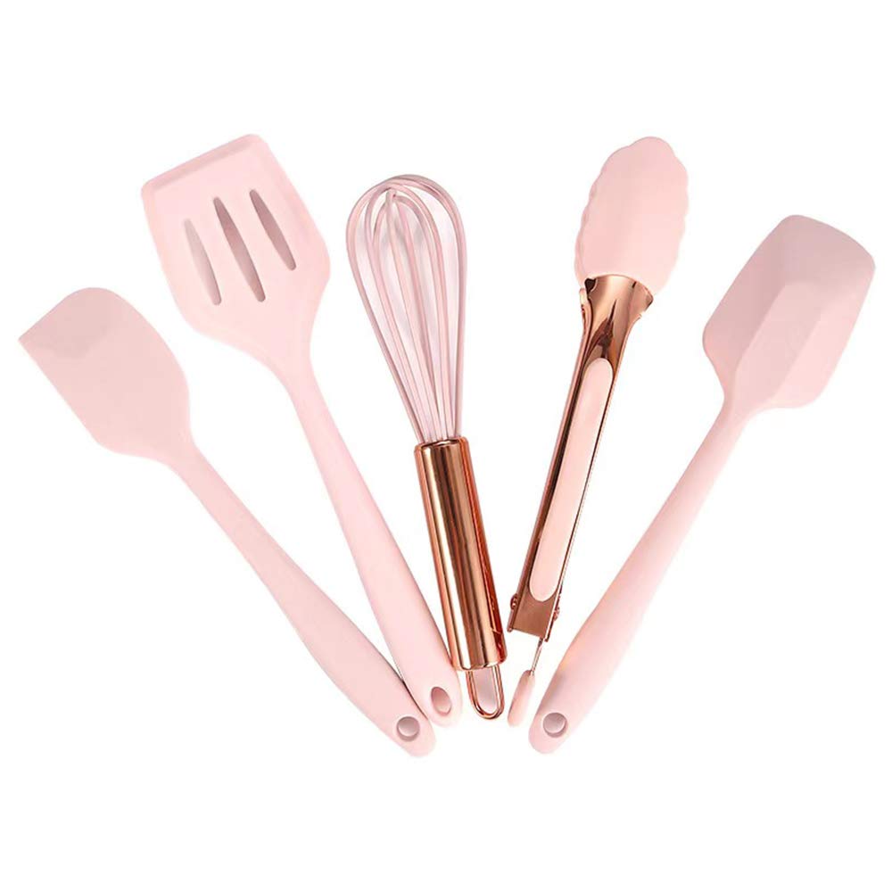 Collfa Rose Gold And Pink Kitchen Utensil Small Five-Piece Set Mini Silicone Kids Kitchen Tools Whisk Spatula Tongs Spoon And Slotted Spatula(Kids Baking Supplies)