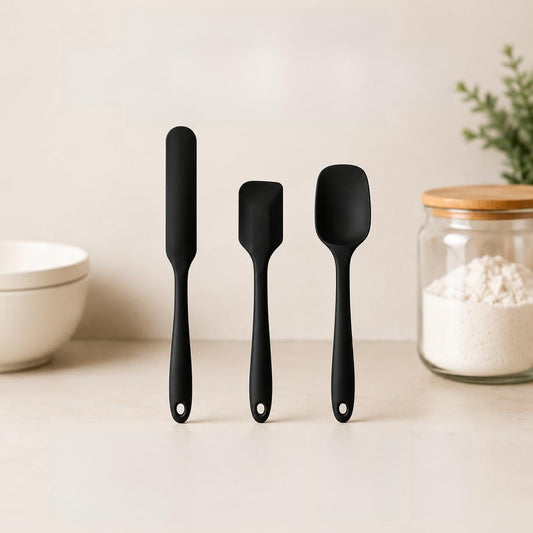 Mini Silicone Spatula Set, 3-Piece Heat Resistant Kitchen Scraper Tools for Jars, Baking, Mixing & Cooking, Flexible Nonstick Silicone, Black