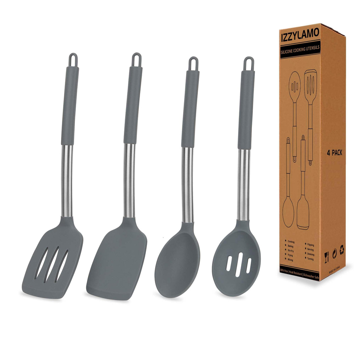 4 Pack Silicone Utensils Set，Non Stick Solid Spatulas, Slotted Spoons with Stainless Steel Handle，Spatulas for Cooking，Frying, Mixing, Serving -Blue