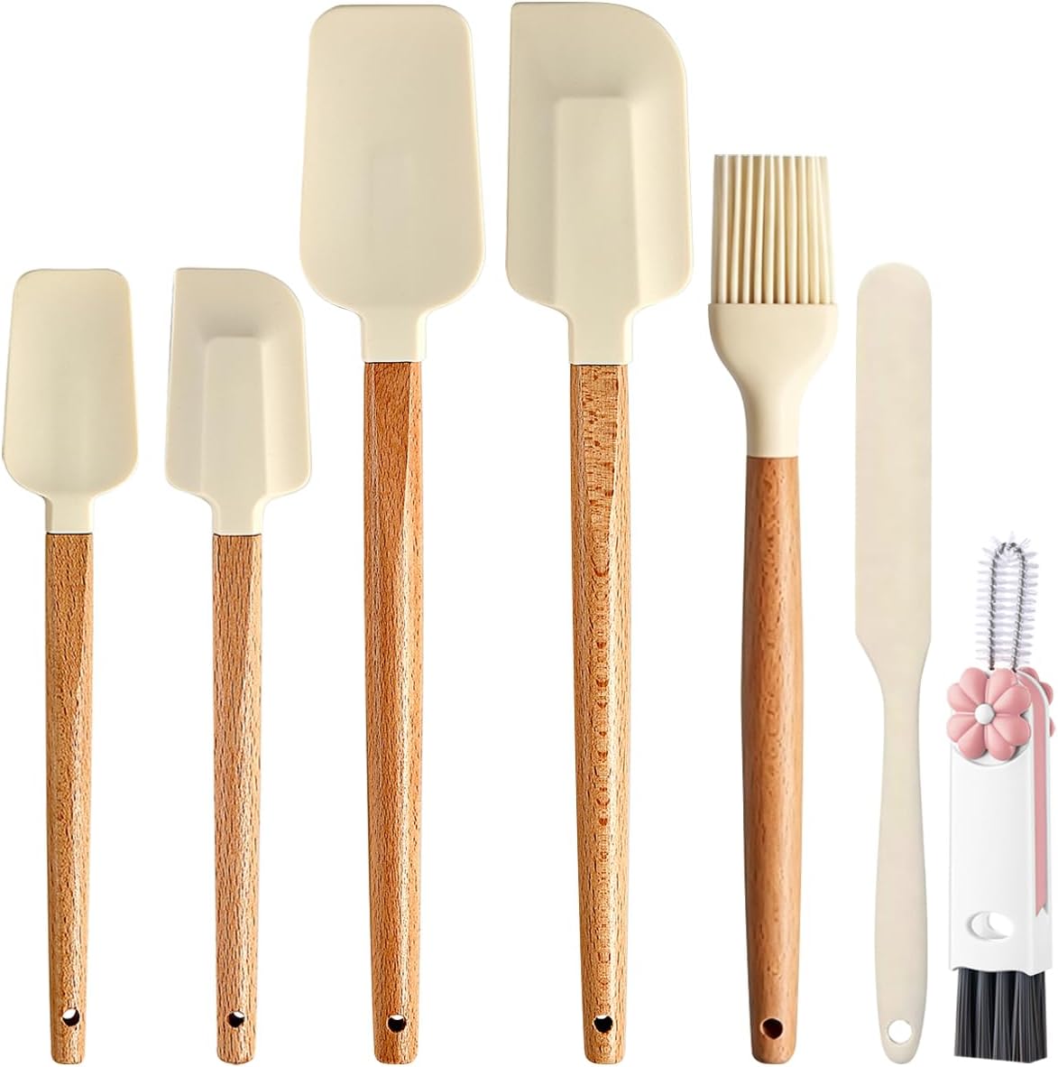 Silicone Spatula Set - 7 Piece Food Grade Rubber Spatula, Heat Resistant Up to 600°F, Wooden Handle Kitchen Utensils Set for Cooking, Baking & Mixing, Jar, Non-Stick Silicone Utensil White
