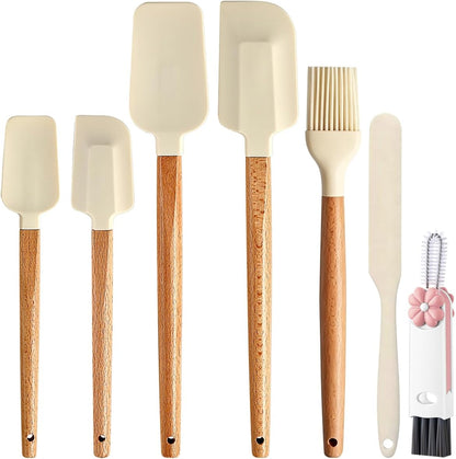Silicone Spatula Set - 7 Piece Food Grade Rubber Spatula, Heat Resistant Up to 600°F, Wooden Handle Kitchen Utensils Set for Cooking, Baking & Mixing, Jar, Non-Stick Silicone Utensil White