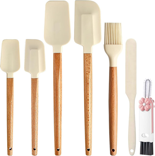 Silicone Spatula Set - 7 Piece Food Grade Rubber Spatula, Heat Resistant Up to 600°F, Wooden Handle Kitchen Utensils Set for Cooking, Baking & Mixing, Jar, Non-Stick Silicone Utensil White