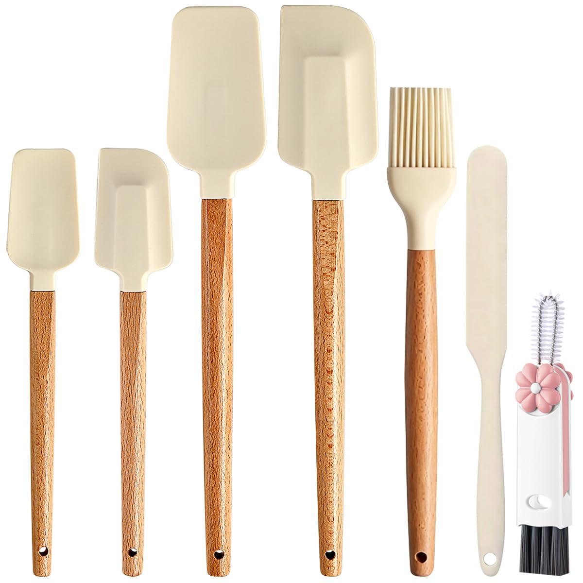 Silicone Spatula Set - 7 Piece Food Grade Rubber Spatula, Heat Resistant Up to 600°F, Wooden Handle Kitchen Utensils Set for Cooking, Baking & Mixing, Jar, Non-Stick Silicone Utensil White