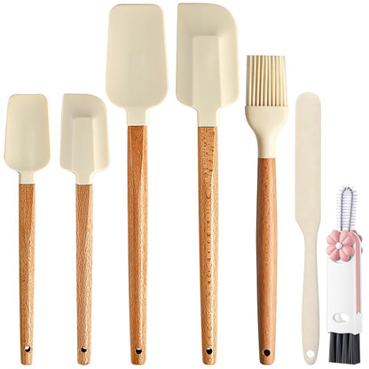 Silicone Spatula Set - 7 Piece Food Grade Rubber Spatula, Heat Resistant Up to 600°F, Wooden Handle Kitchen Utensils Set for Cooking, Baking & Mixing, Jar, Non-Stick Silicone Utensil White