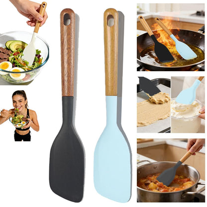 2PCS Heat Resistant Silicone Spatula Set, Silicone Spatula Wooden Handle, Rubber Spatula for Baking, Losing Weight Meal & Salad, Versatile Kitchen Tool, Mixing, Frosting, Heat Resistant 600°F