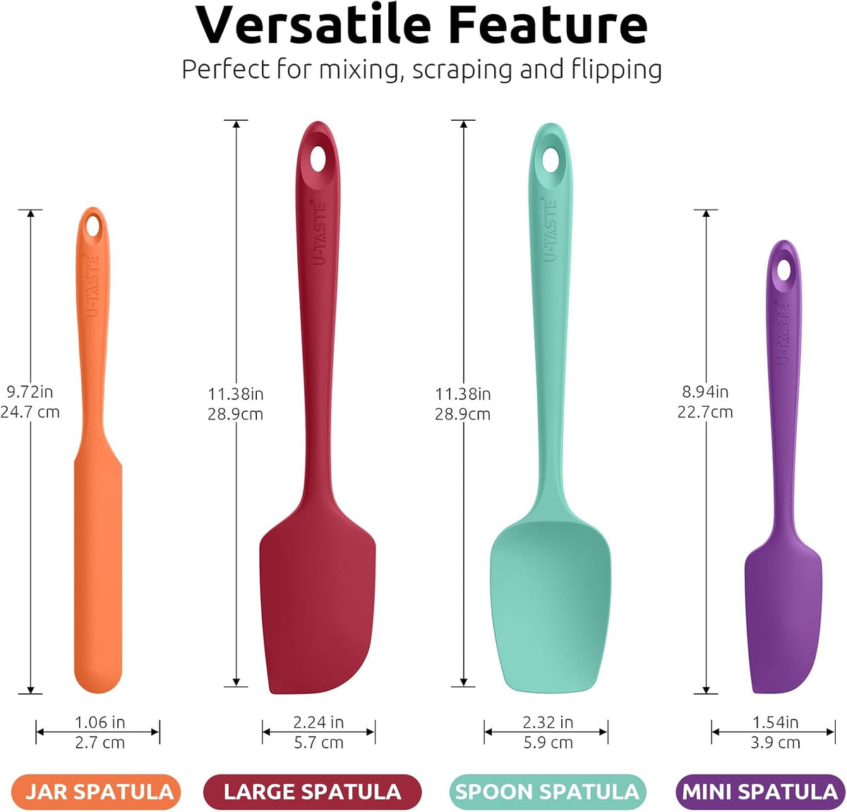 U-Taste Silicone Spatula Set 600°F High Heat Resistant, 4-Pcs, Multicolor