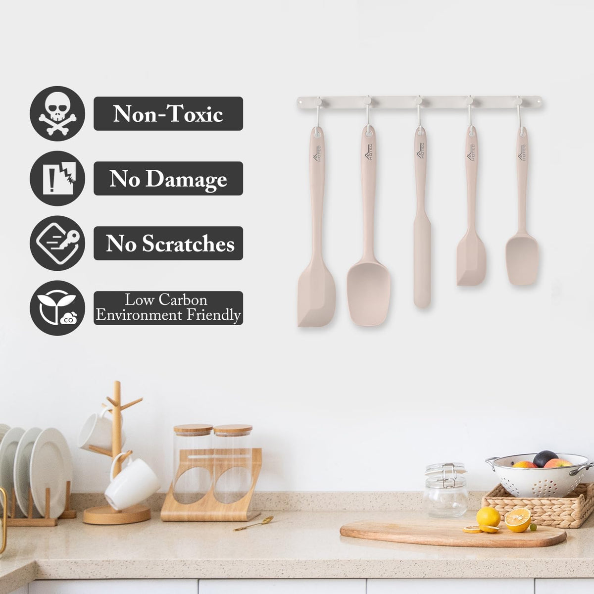 HOTEC 600℉ Heat Resistant Silicone Rubber Spatula Set, Khaki, Set of 5