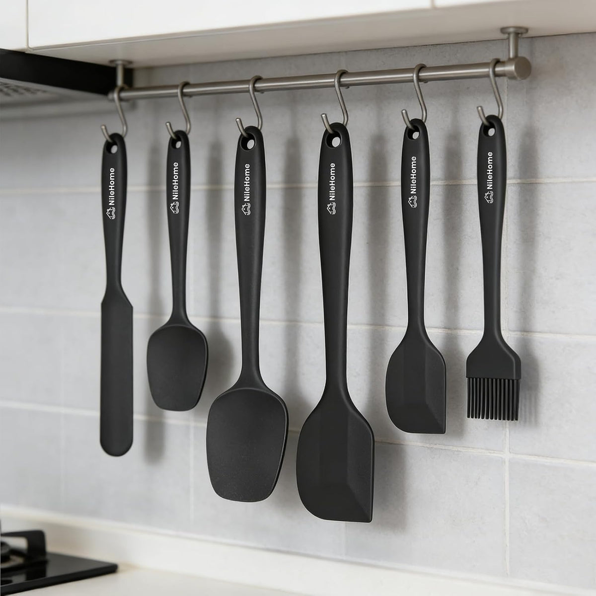 NileHome 6 Pieces Silicone Spatula Set with Silicone Brush,Mixing-Black