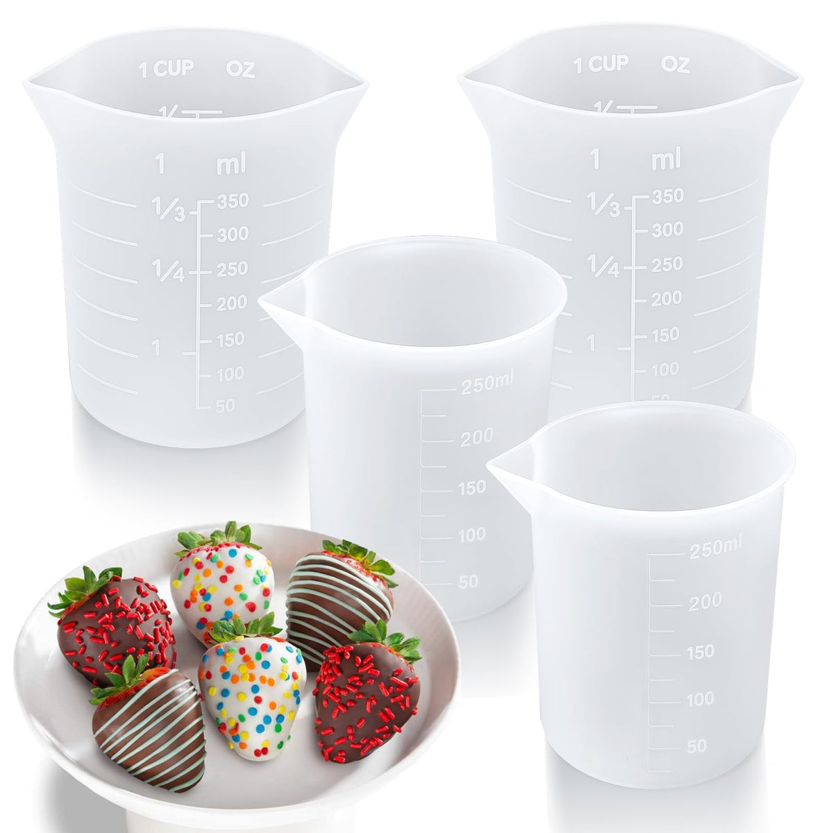 Palksky Silicone Chocolate Melting Cup Set with 4 Silicone Measuring Cups (250ml & 350ml) and 4PCS Heat-Resistant Jar Spatulas, Non-Stick Baking Tools for DIY Chocolate, Butter & Cream Mixing