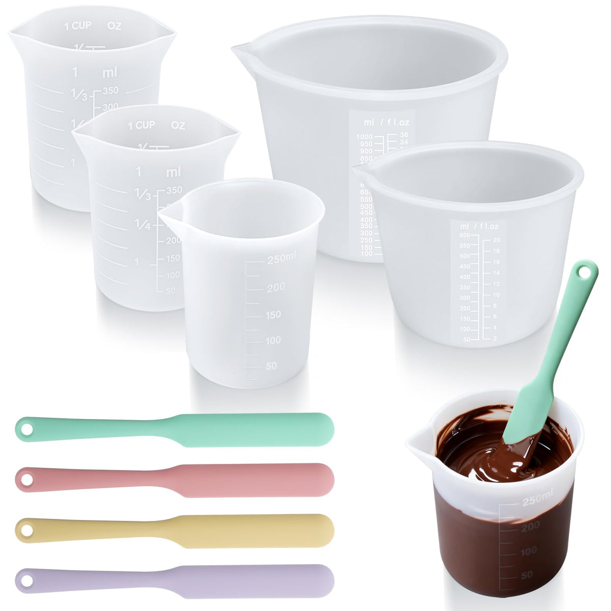 Palksky Silicone Chocolate Melting Cup Set with 4 Silicone Measuring Cups (250ml & 350ml) and 4PCS Heat-Resistant Jar Spatulas, Non-Stick Baking Tools for DIY Chocolate, Butter & Cream Mixing