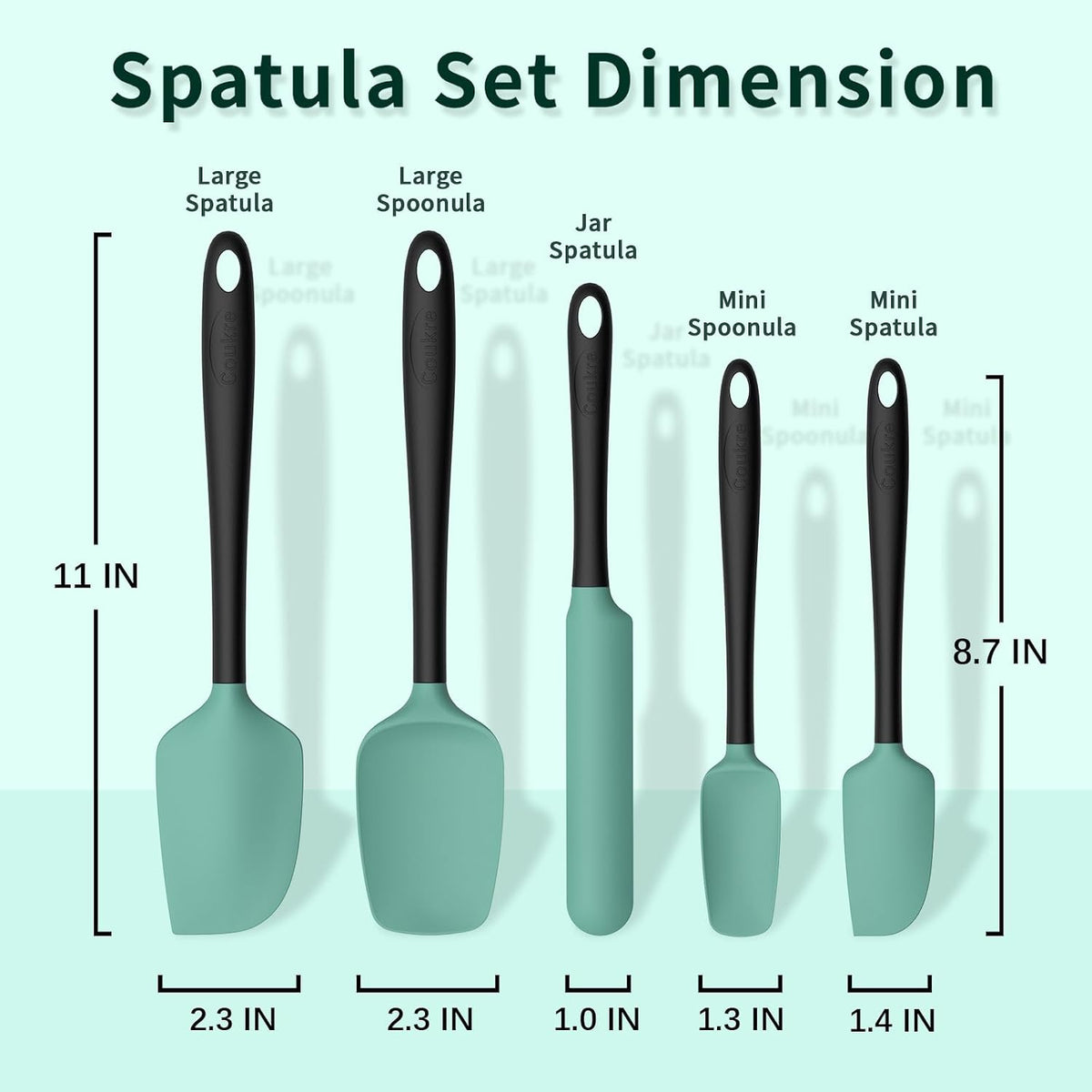 Coukre Silicone Spatula Set of 5,High Temperature Resistant, Food Grade Silicone, Dishwasher Safe, for Baking, Cooking (Aqua Green)