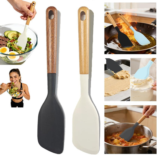 2PCS Heat Resistant Silicone Spatula Set, Silicone Spatula Wooden Handle, Rubber Spatula for Baking, Losing Weight Meal & Salad, Versatile Kitchen Tool, Mixing, Frosting, Heat Resistant 600°F