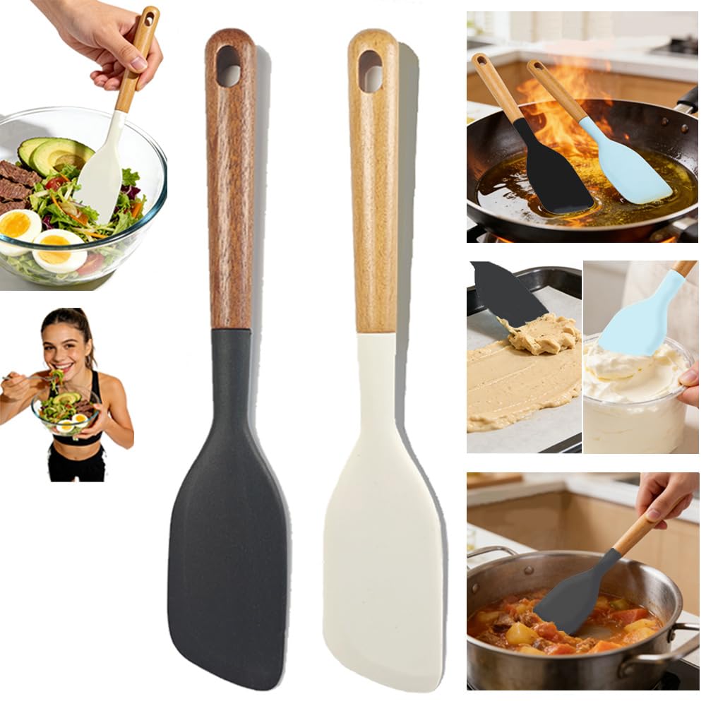 2PCS Heat Resistant Silicone Spatula Set, Silicone Spatula Wooden Handle, Rubber Spatula for Baking, Losing Weight Meal & Salad, Versatile Kitchen Tool, Mixing, Frosting, Heat Resistant 600°F
