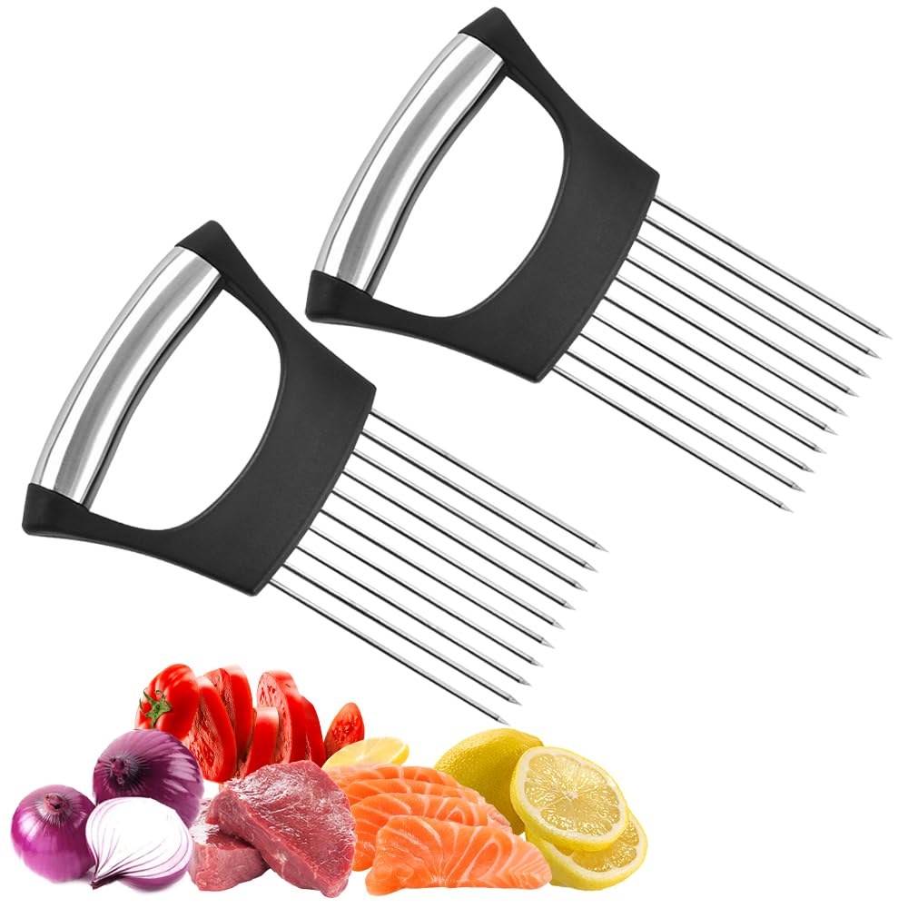 Stainless Steel Onion Slice Holder, 2025 New Multifunctional Onion Slicer Chopper Vegetable Cutter, Premium Avocados Lemon Potato Tomato Carrots and Other Vegetable Fixing Slicer (1)