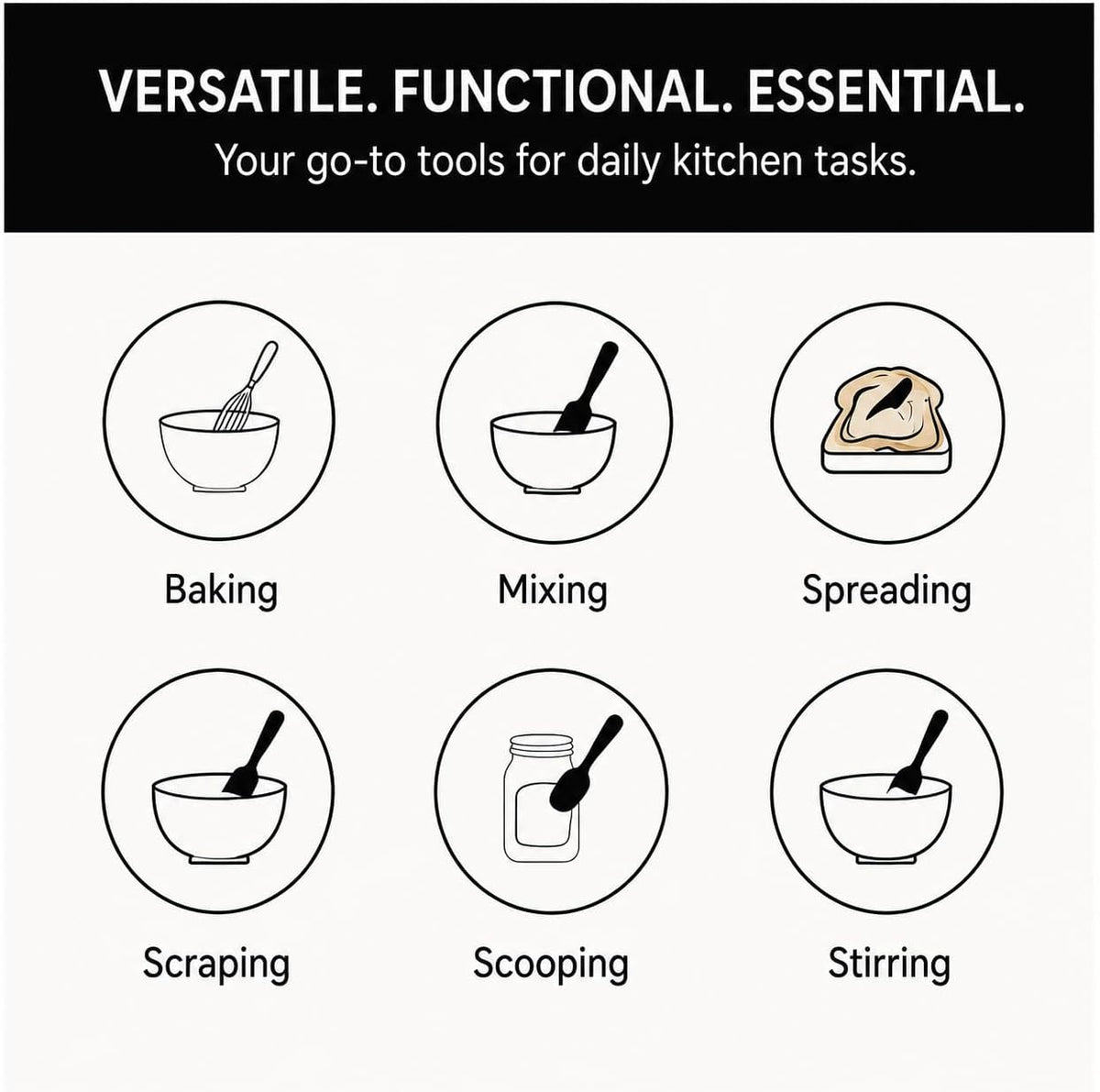 Mini Silicone Spatula Set, 3-Piece Heat Resistant Kitchen Scraper Tools for Jars, Baking, Mixing & Cooking, Flexible Nonstick Silicone, Black
