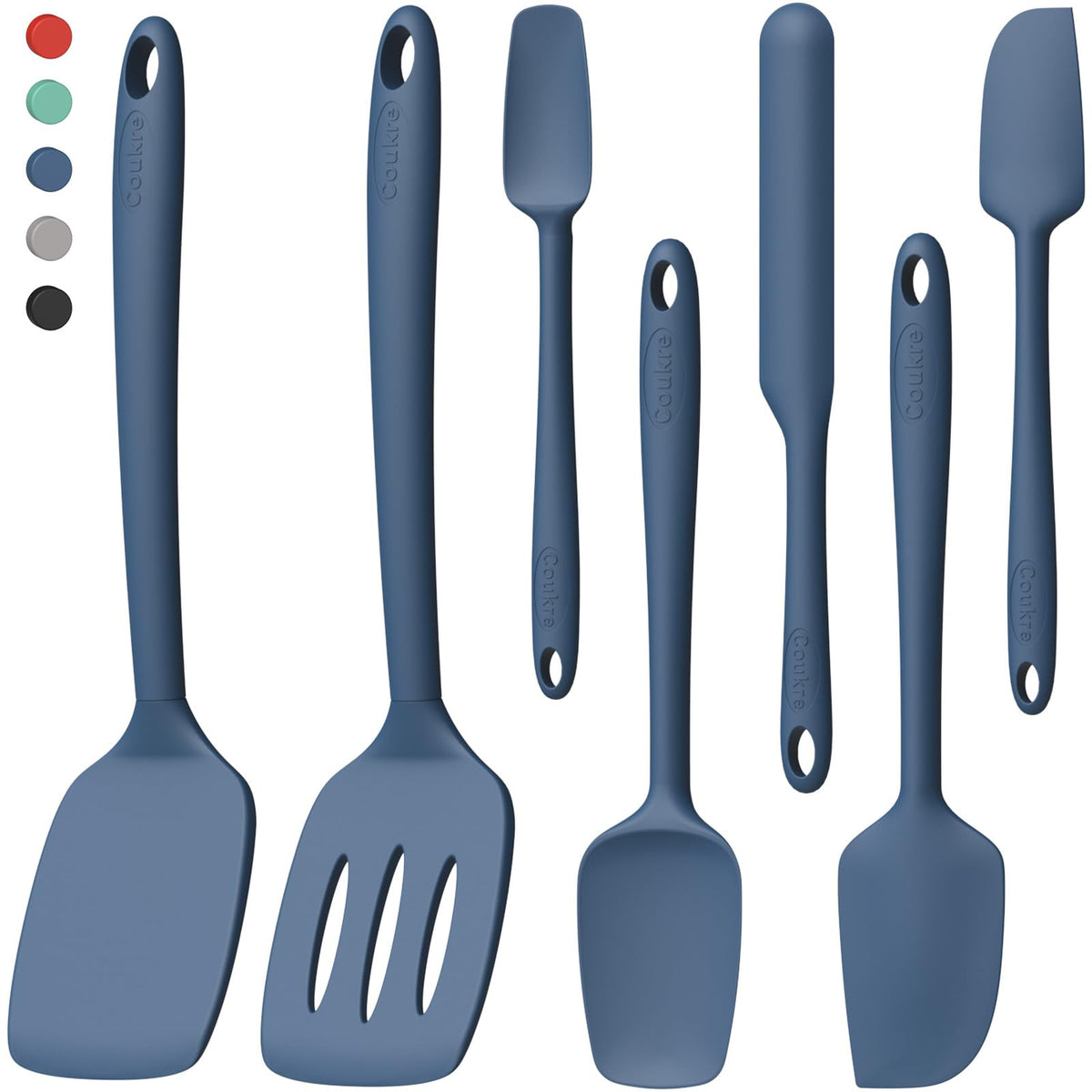 Coukre Silicone Spatula Set of 7, BPA Free Food Grade Silicone Cooking Utensils, Heat Resistant Kitchen Tools for Nonstick Cookware, Dishwasher Safe Spatulas for Cooking and Baking（7,PureDarkBlue）