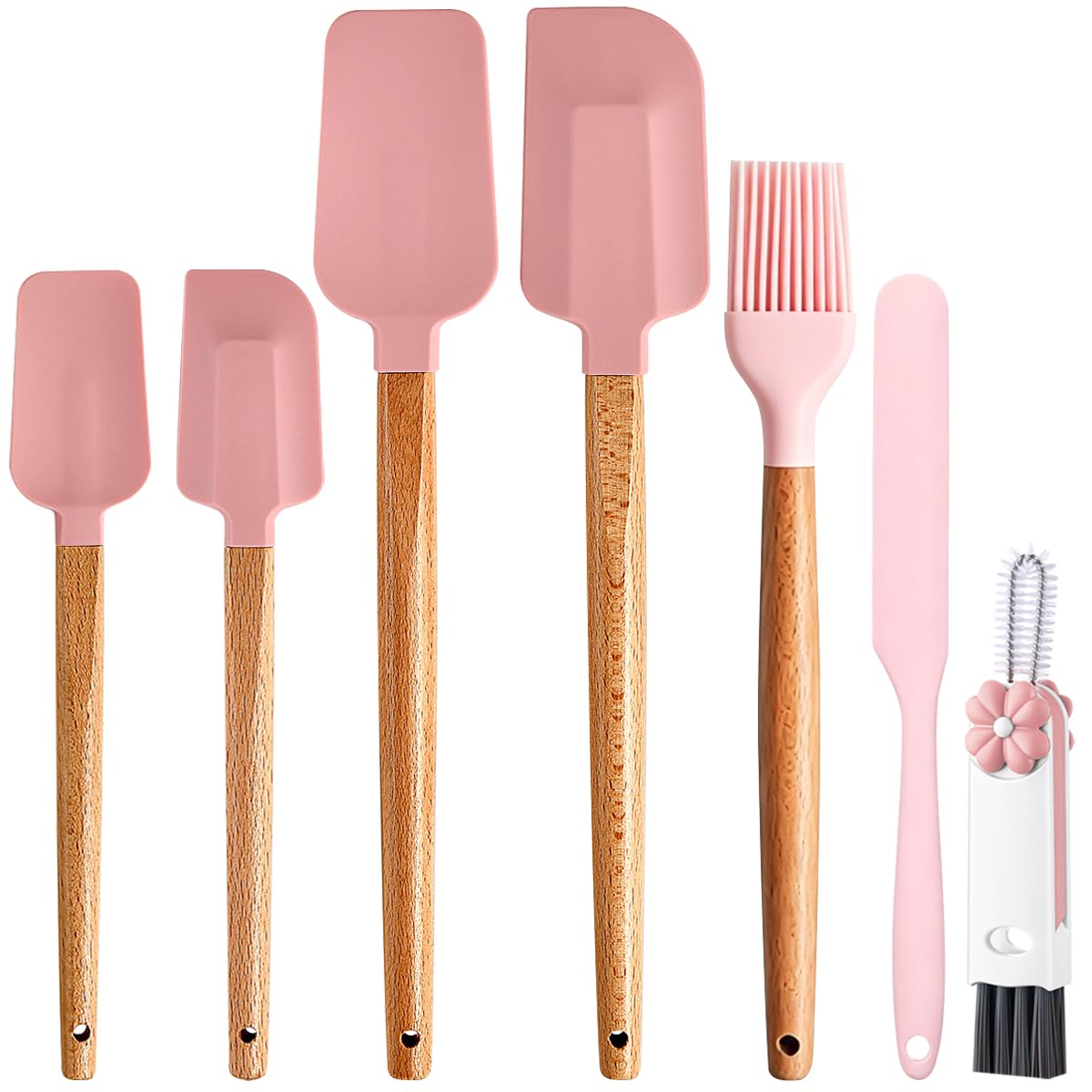 Silicone Spatula Set - 7 Piece Food Grade Rubber Spatula, Heat Resistant Up to 600°F, Wooden Handle Kitchen Utensils Set for Cooking, Baking & Mixing, Jar, Non-Stick Silicone Utensil White