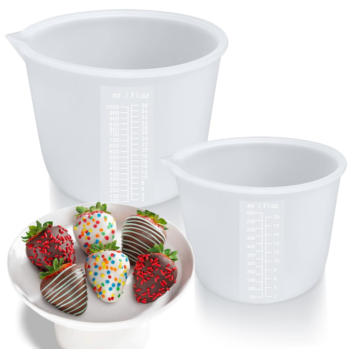 Palksky Silicone Chocolate Melting Cup Set with 4 Silicone Measuring Cups (250ml & 350ml) and 4PCS Heat-Resistant Jar Spatulas, Non-Stick Baking Tools for DIY Chocolate, Butter & Cream Mixing
