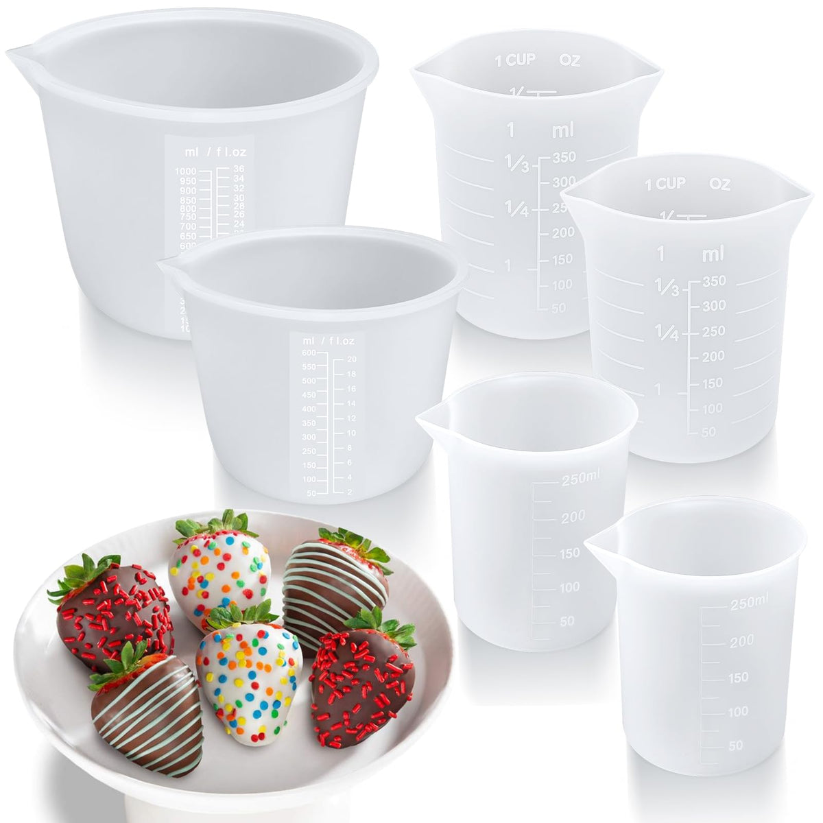 Palksky Silicone Chocolate Melting Cup Set with 4 Silicone Measuring Cups (250ml & 350ml) and 4PCS Heat-Resistant Jar Spatulas, Non-Stick Baking Tools for DIY Chocolate, Butter & Cream Mixing