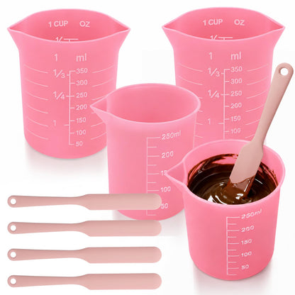 Palksky Silicone Chocolate Melting Cup Set with 4 Silicone Measuring Cups (250ml & 350ml) and 4PCS Heat-Resistant Jar Spatulas, Non-Stick Baking Tools for DIY Chocolate, Butter & Cream Mixing