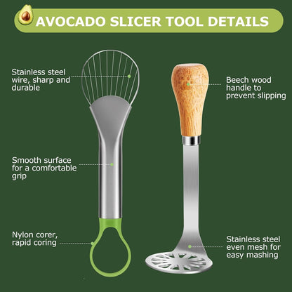 3-in-1 Avocado Slicer Tool Set – Stainless Steel Avocado Cutter, Masher & Peeler, Multi-Function Kitchen Gadget for Guacamole, Salads & Food