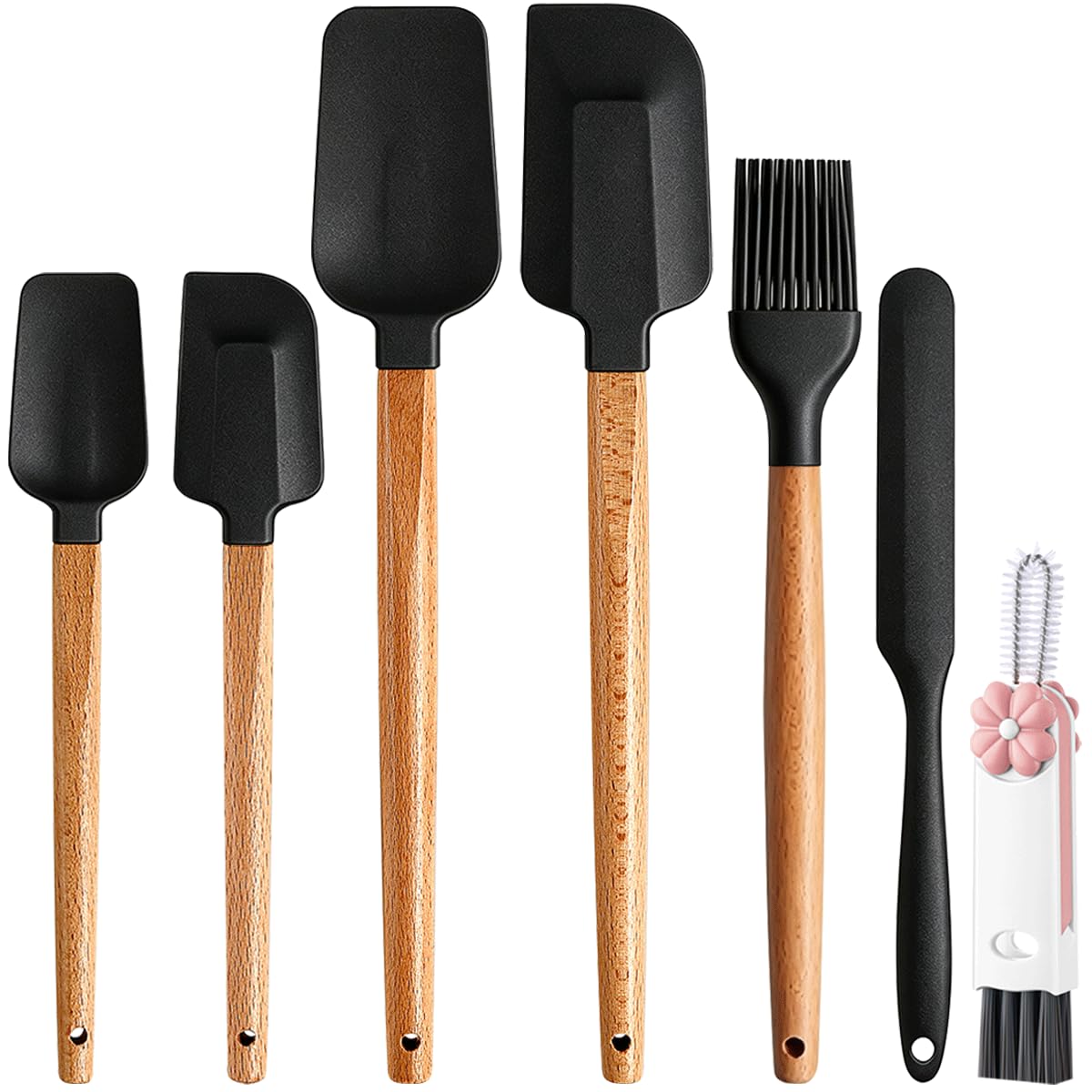 Silicone Spatula Set - 7 Piece Food Grade Rubber Spatula, Heat Resistant Up to 600°F, Wooden Handle Kitchen Utensils Set for Cooking, Baking & Mixing, Jar, Non-Stick Silicone Utensil White
