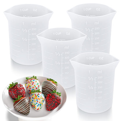 Palksky Silicone Chocolate Melting Cup Set with 4 Silicone Measuring Cups (250ml & 350ml) and 4PCS Heat-Resistant Jar Spatulas, Non-Stick Baking Tools for DIY Chocolate, Butter & Cream Mixing