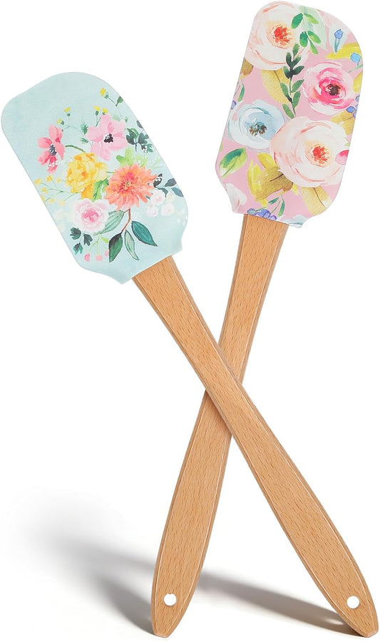 MAGICLULU 2Pcs Floral Silicone Spatula Set with Wooden Handle, Heat Resistant Rubber Scraper for Baking Cake Mixing, Non-Stick Kitchen Utensils for Cooking, Flower Pattern 11.8 Inch