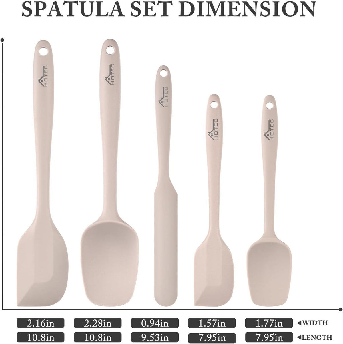 HOTEC 600℉ Heat Resistant Silicone Rubber Spatula Set, Khaki, Set of 5