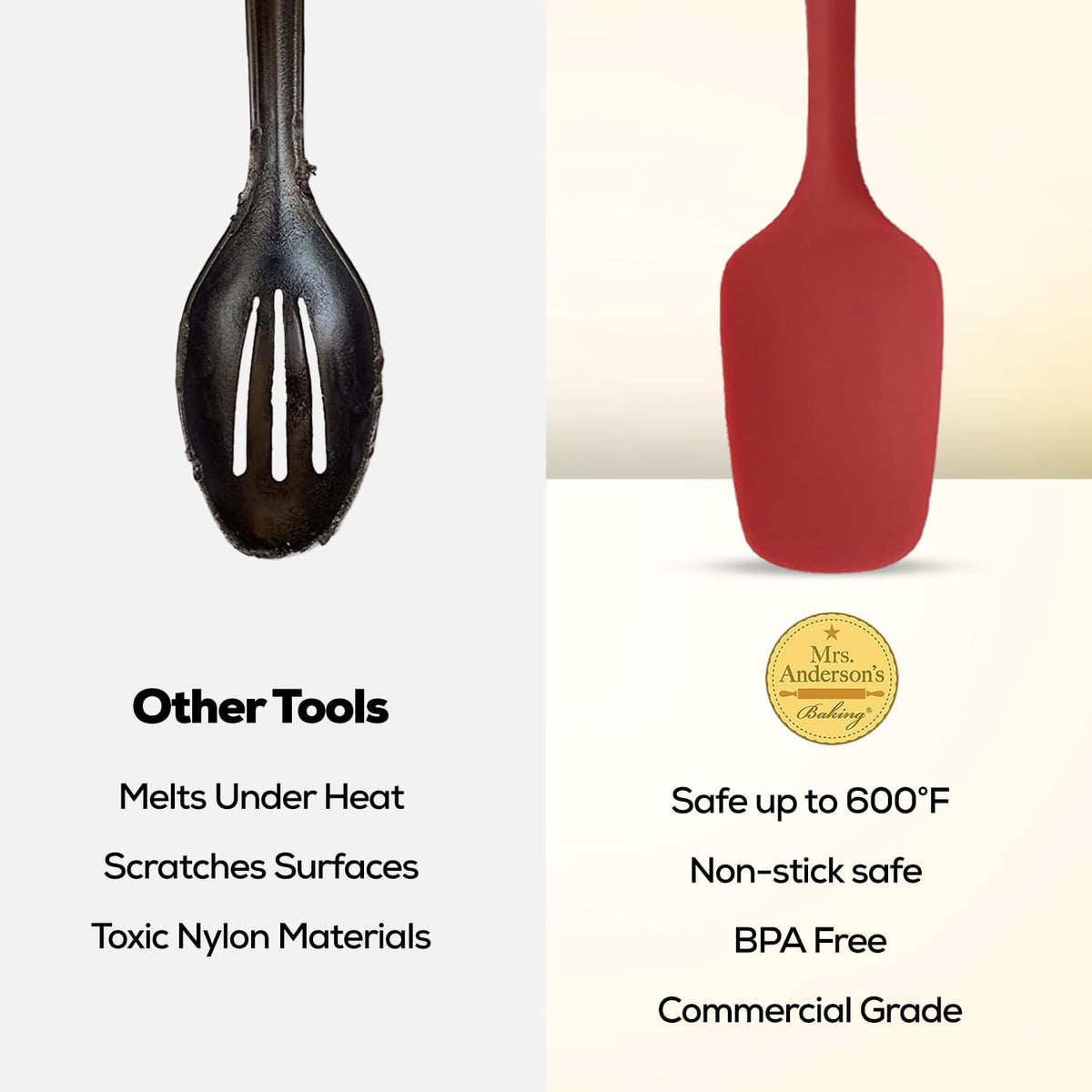 Mrs. Anderson’s Baking Silicone Spoon-Shaped Spatula, Flexible And Nonstick, One-Piece Design, Red, For Mixing, Folding, Scraping, Baking, And Cooking