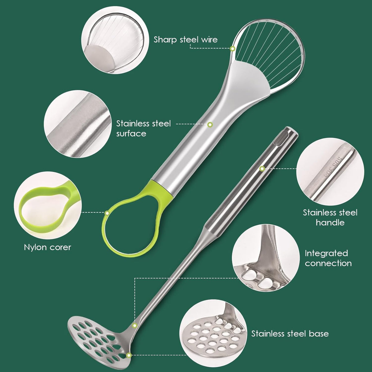 Avocado Slicer,Stainless Steel Avocado Slicer Tool and Avocado Smasher Tool,Quickly Slices Thinly and Masher,Suitable for Avocados,Potatoes,Dragon Fruit and Other Fruits Vegetables