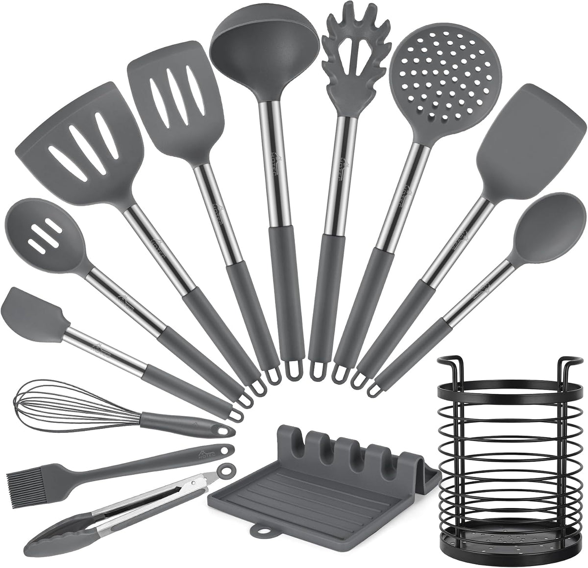 HOTEC Silicone Kitchen Cooking Utensils Set,14pcs Grey