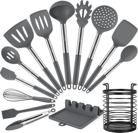 HOTEC Silicone Kitchen Cooking Utensils Set,14pcs Grey
