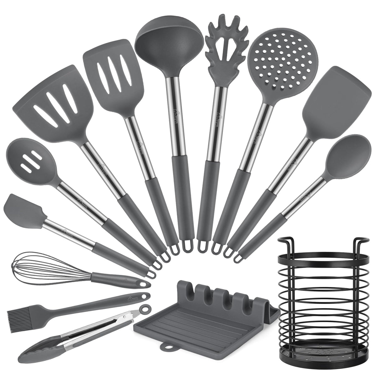 HOTEC Silicone Kitchen Cooking Utensils Set,14pcs Grey