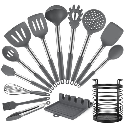 HOTEC Silicone Kitchen Cooking Utensils Set,14pcs Grey