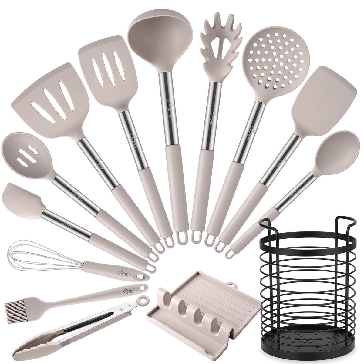HOTEC Silicone Kitchen Cooking Utensils Set,14pcs Grey