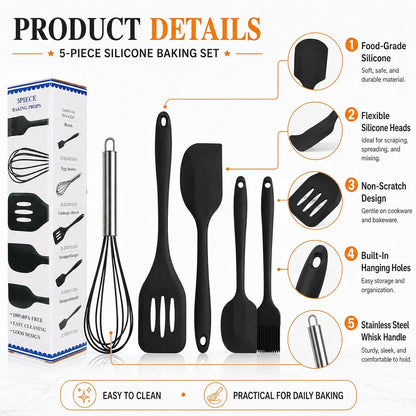 Silicone Spatula Kitchen Utensils Set Heat Resistant Mini 5 Pcs, Black